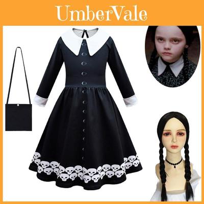 Wednesday Addams Dress Bag Wig Cosplay Costume Girls Xmas Party