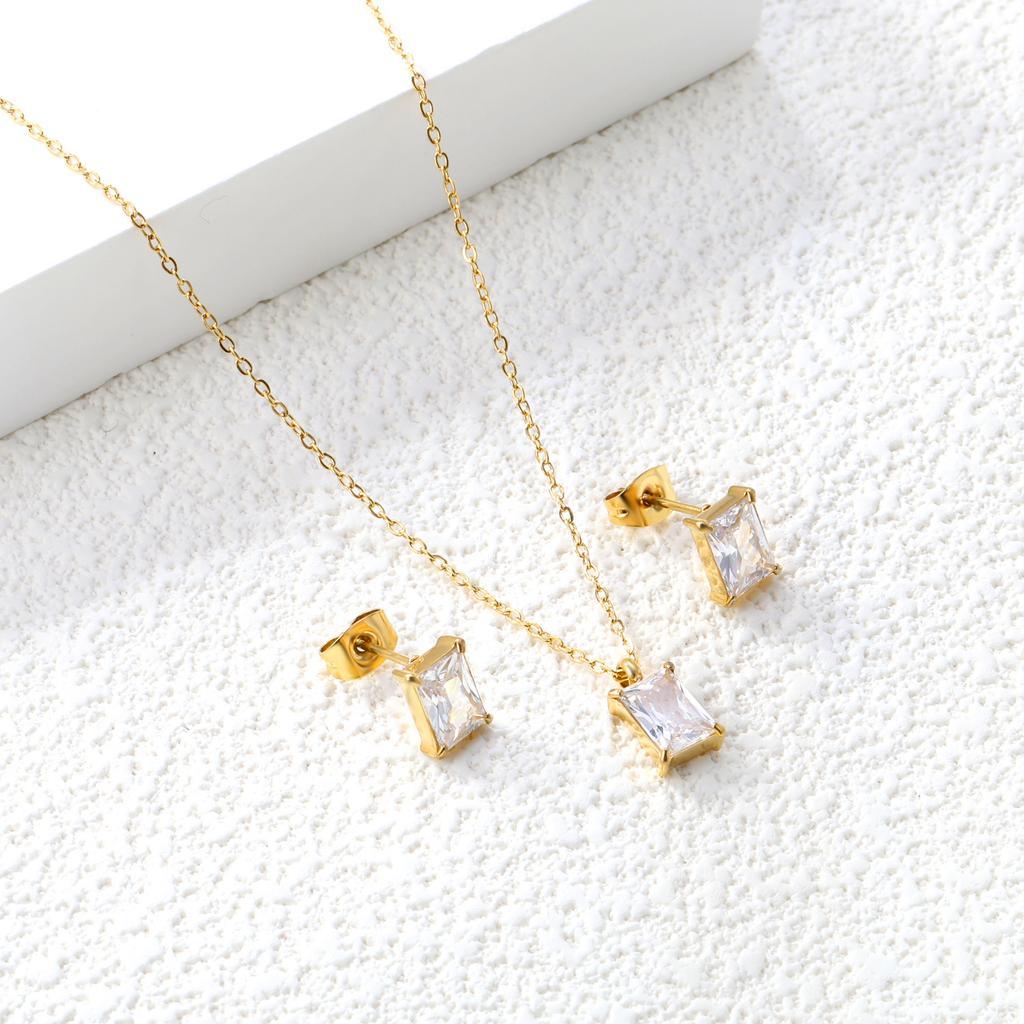 Square White Zircon Earrings And Necklace Set Classic Versatile Women's Jewelry Fade Resistant