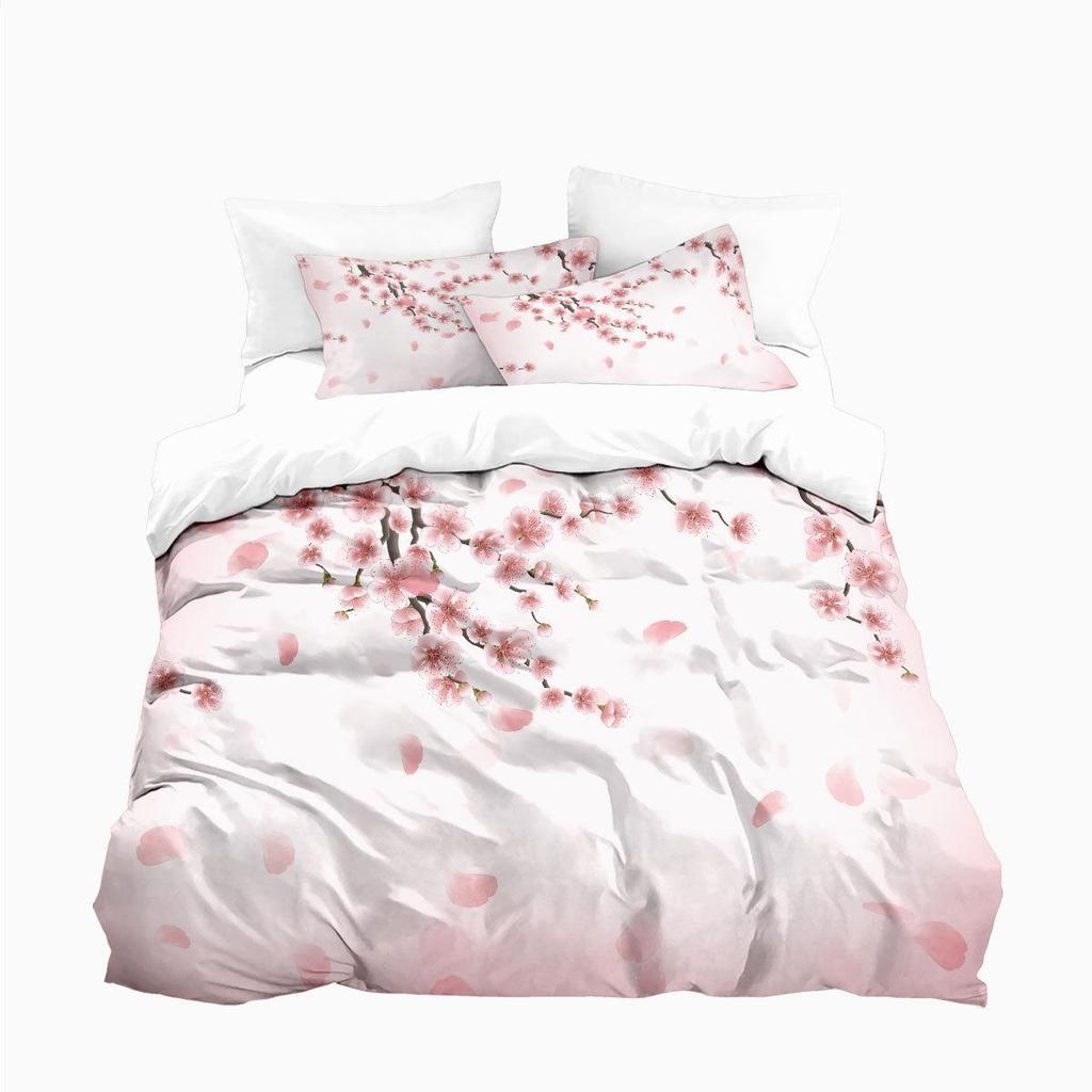 Three-Piece Pink Plum Blossom Brushed Duvet Cover Bedding Set - Custom Patterns Available