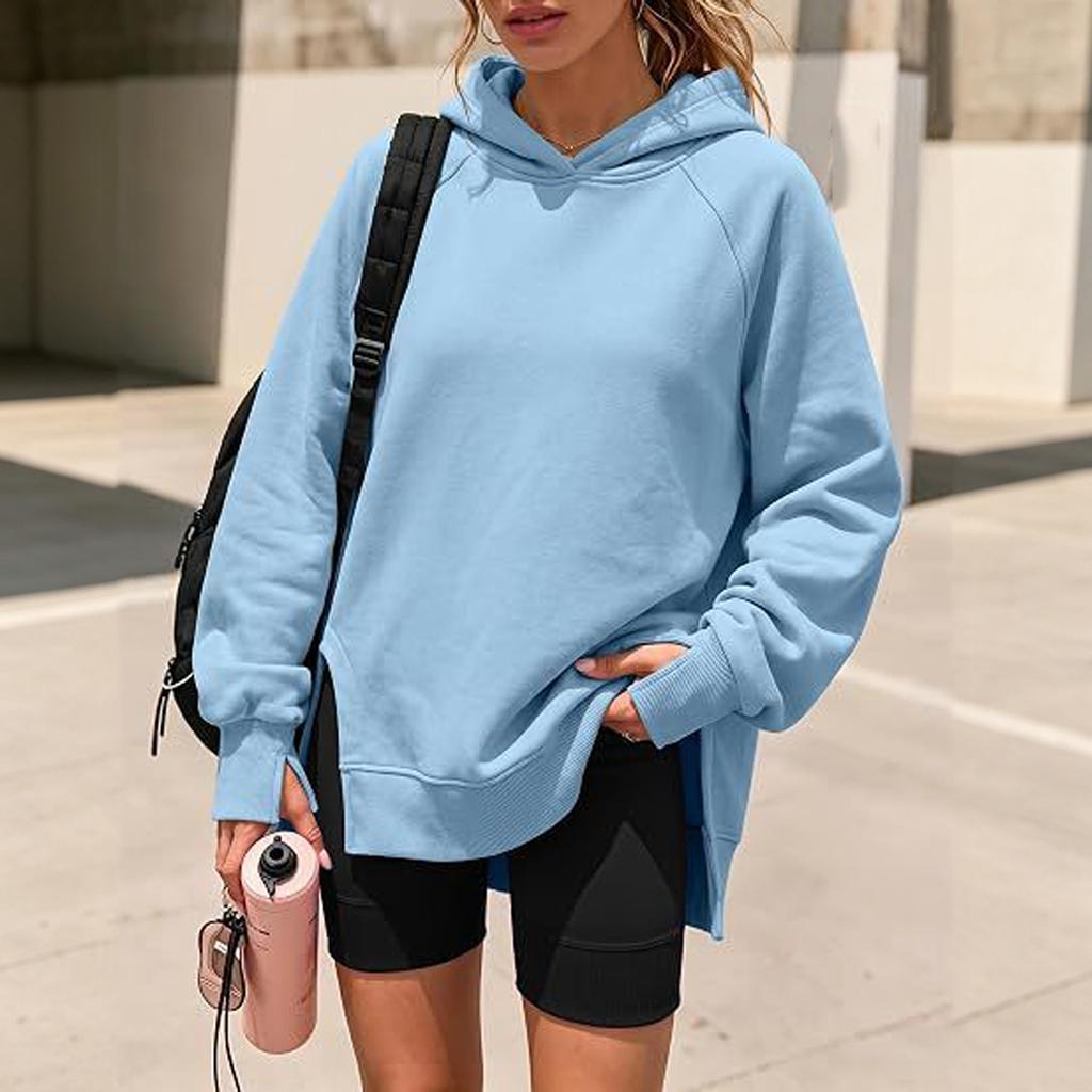 Women's Casual Longline Hooded Pullover with Drop Shoulder and Side Slit - Loose Fit Sweatshirt