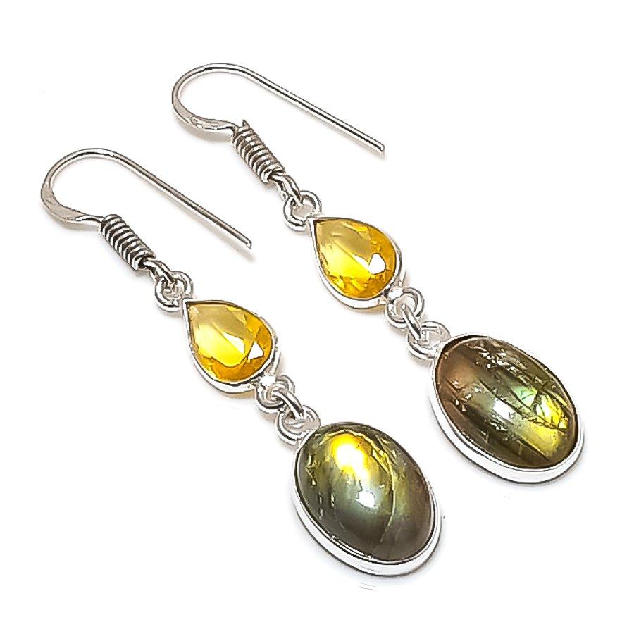Натуральный Лабрадорит, Цитрин Камень Серьга из стерлингового серебра 925 пробы 1.97 AE-11740
