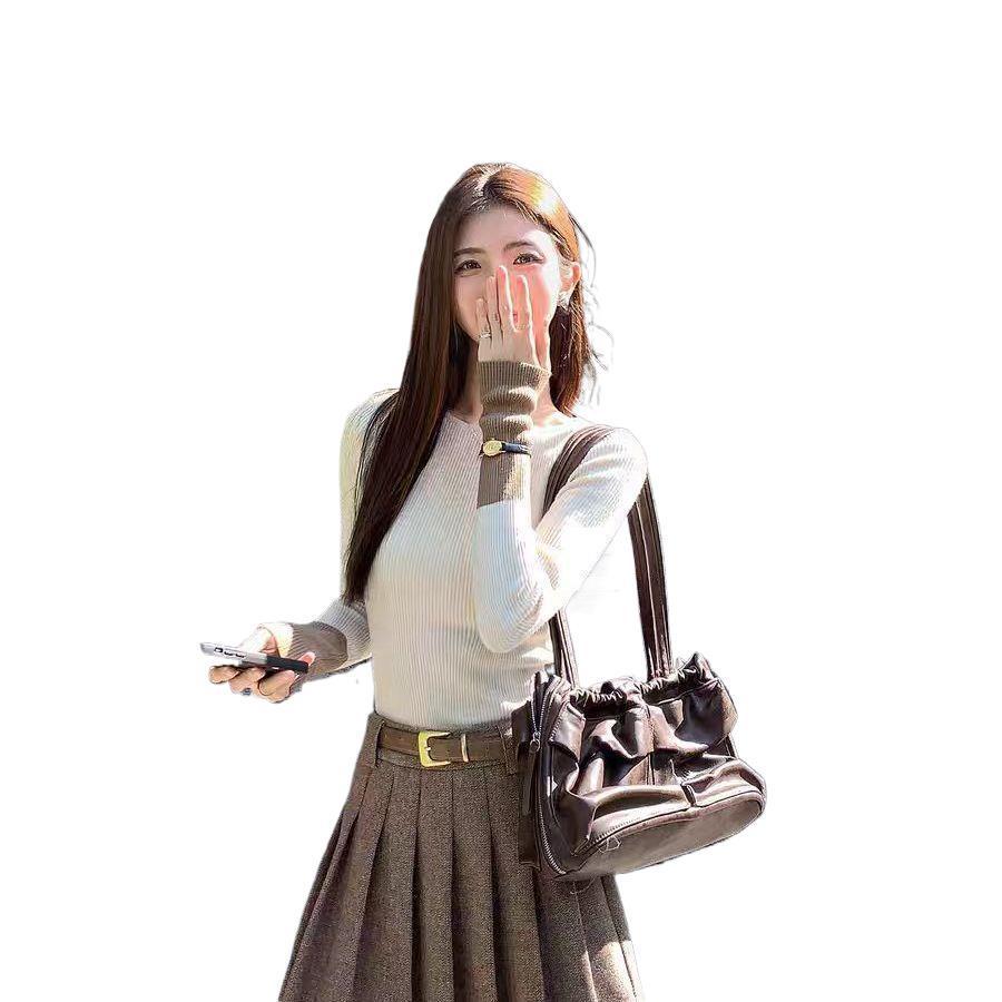 Autumn/Winter 2025 Korean Style Woolen Suit with Pleated Skirt - Herringbone Pattern Two-Piece Set