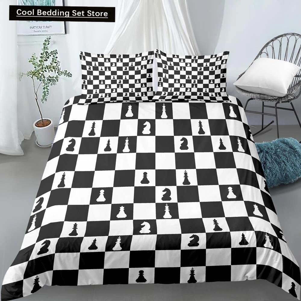 International Chess King Queen Duvet Cover Chess Board Bedding Set Black White Grid Quilt Cover Plaid Polyester Comforter Cover