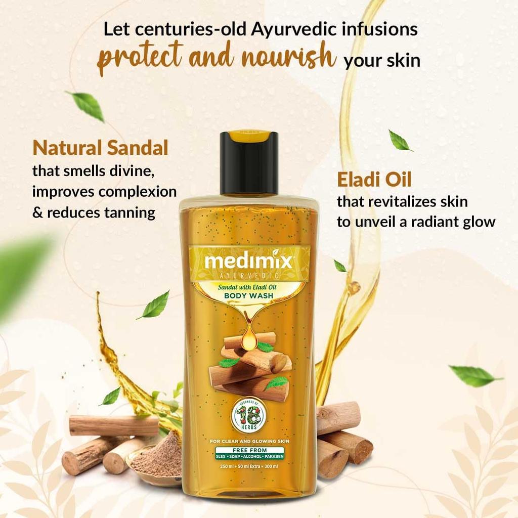Medimix Ayurvedisches Körperwaschmittel, Sandelholz Mit Eladi-Öl Für Klare, Strahlende Und Bräunungsfreie Haut 250ml + 50ml | Kräuter-Duschgel | Frei von Parabenen & Sulfaten