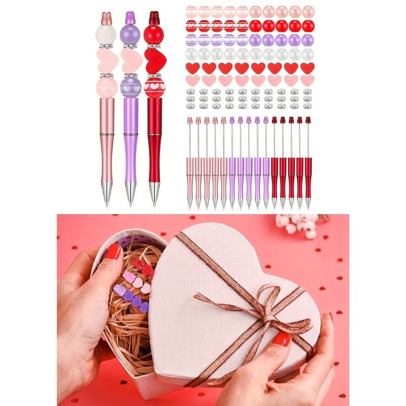 121Pcs DIY Beadable Ballpoint Pen with Craft Beads, Rhinestone Beads, DIY Heat Transfer Pen for Christmas Party Favor