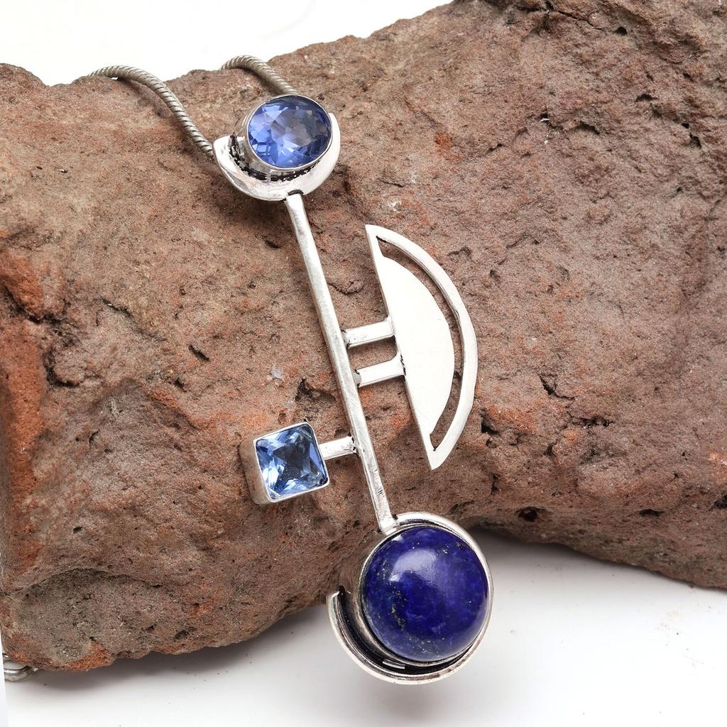Lapis Lazuli Sky Blue Topaz  Mother's Day Silver Jewelry Pendant  2.5"