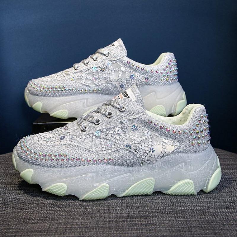 Damen Strass Pailletten Sneaker Schnürschuhe Lässige Dad Schuhe Frühling Atmungsaktiv Dicke Sohle Trainer Zapatilla Deportiva Mujer
