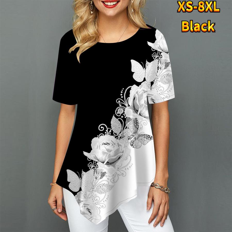 

Футболка женская QICED платье футболка короткий рукав 3D цветок мозаика принт круглый вырез повседневный свободный топ XXL чёрный