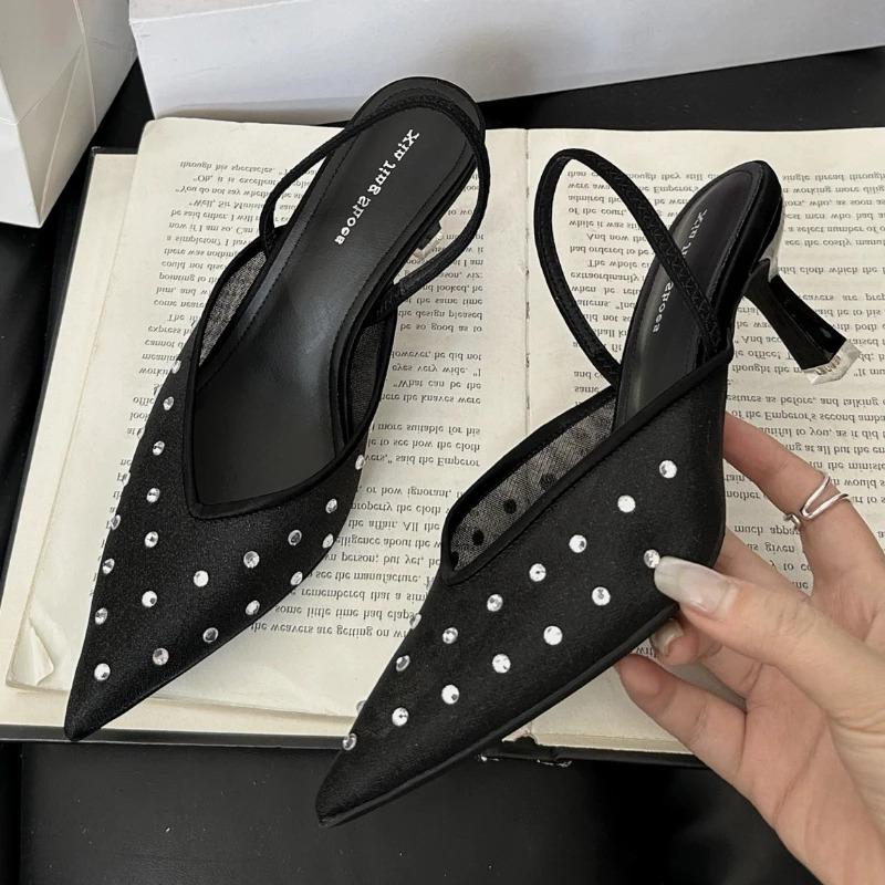 Elegant Mesh Rhinestone Breathable Heels Women Sexy Banquet Pointed Toe Wedding Brides Shoes Luxury Design Brand Slide Sandals