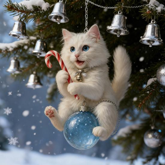 Cat Christmas Ornament Cute Kitten Christmas Ball Ornament 2D Flat Hanging Charm for Car Rearview Mirror