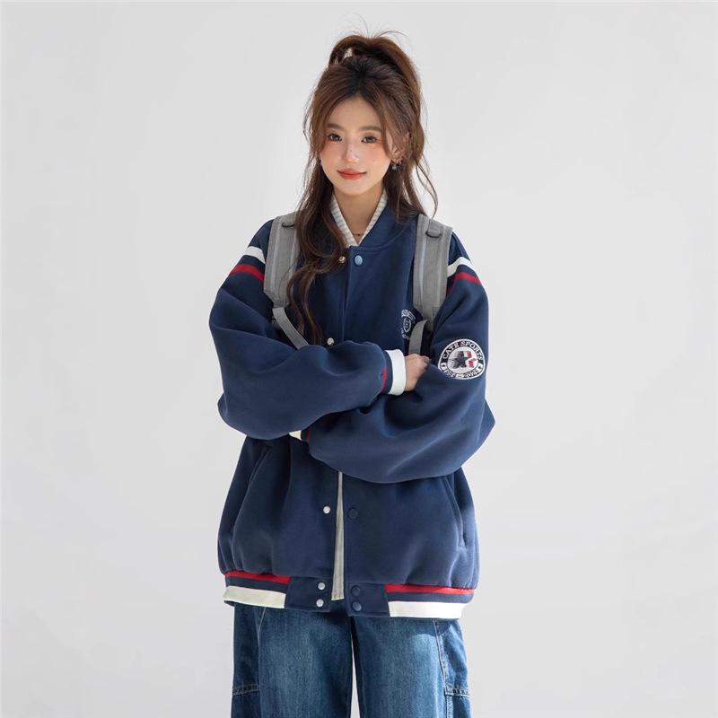 CHANT2nd American Retro Embroidered Baseball Jacket - Women's Spring/Fall Color Block Patchwork