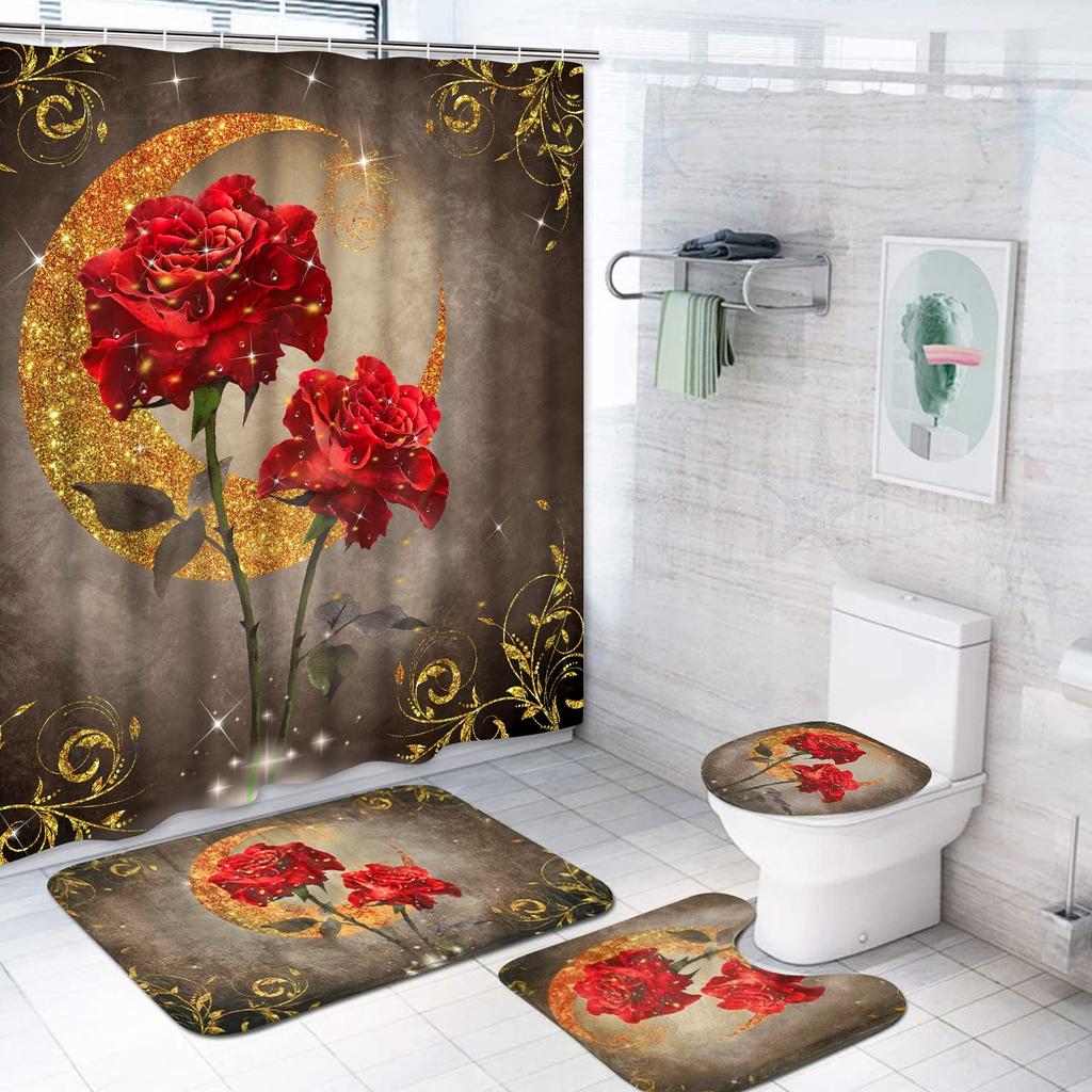 Valentines Shower Curtain Set Romantic Red Rose Flowers And Wine Shower Curtain Set With Non-Slip Rug Toilet Lid Cover Bath Mat
