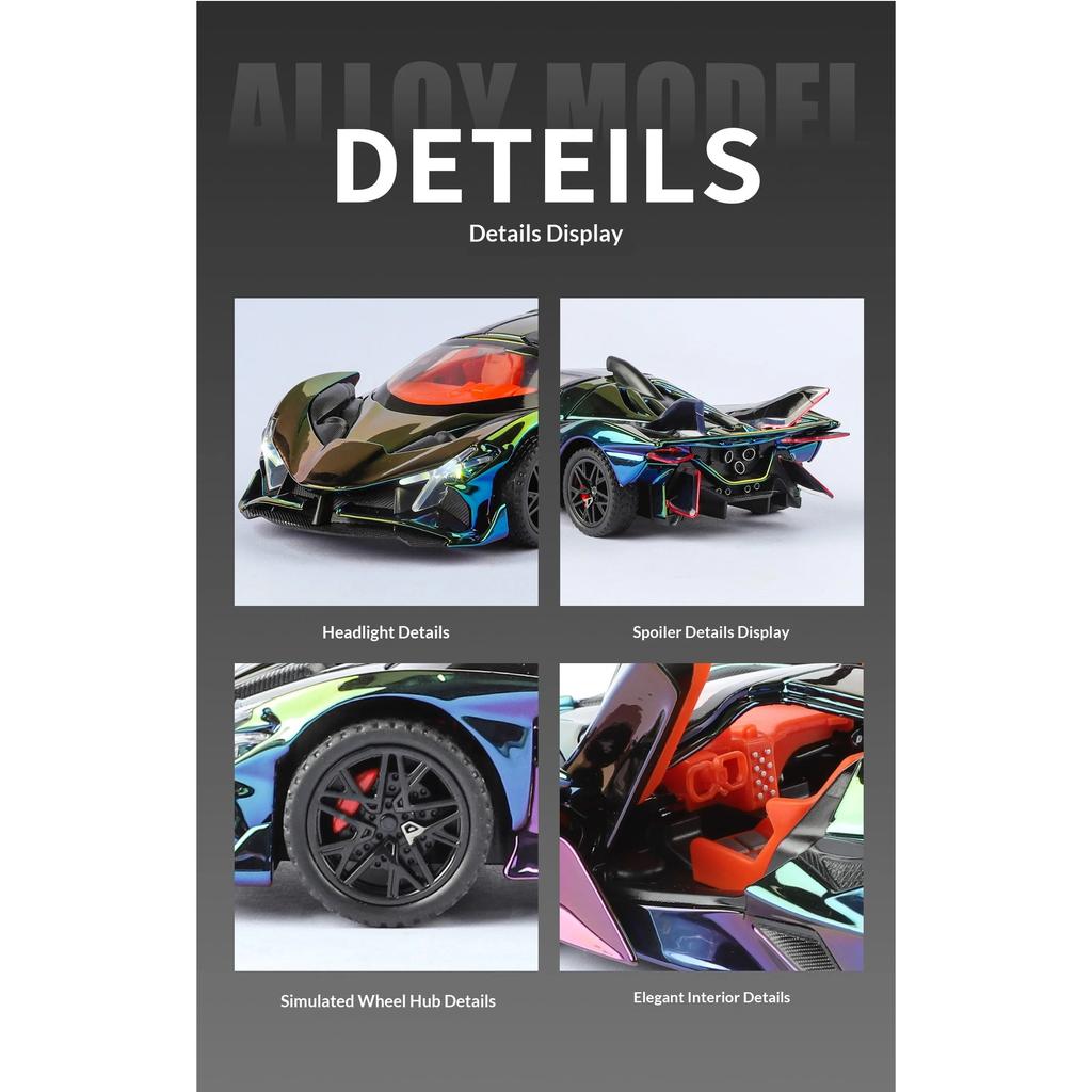 Simulation 1/32 Apollo EVO Electroplated Alloy Car Model Colorful Sports Car Ornaments Sound and Light Pull Back Children's Toys