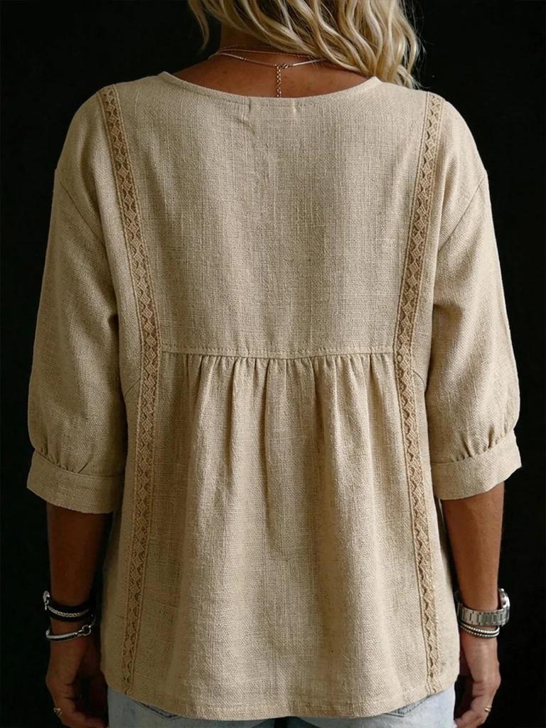 2026 Women's Multi-color Casual Lace V-Neck Pullover Top with Three-Quarter Sleeves