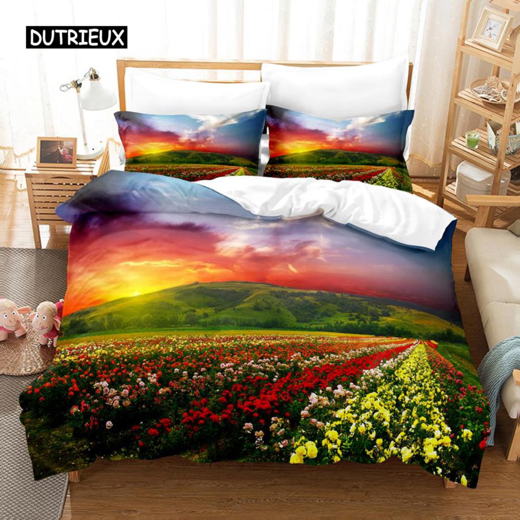 Natural Landscape Duvet Cover Set Blue Sky Lawn Flower Double Queen King Size 2/3Pcs Polyester Quilt Cover for Kids Teens Adults