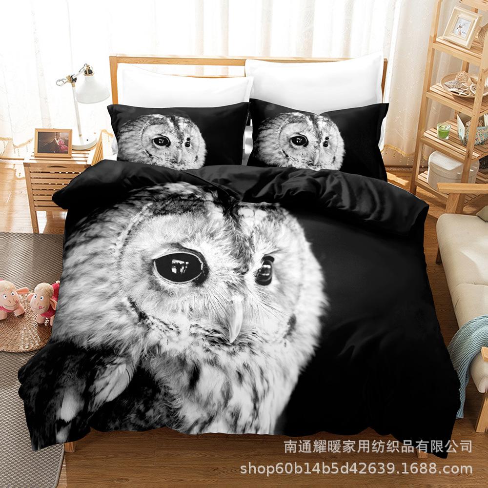 3D Digital Printing Bedding Four-Piece Set Three-Piece Set Owl Black Bed Sheet Quilt Pillow