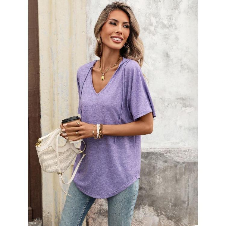 European American Fashion Summer T-Shirt Women V-Neck Short Sleeve Loose Casual Top Solid Crossborder