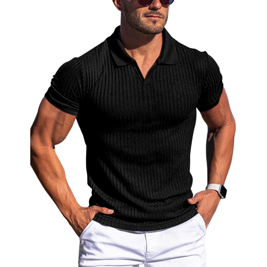 European & American Summer POLO Shirt - Men's V-neck, Lapel, Vertical Stripe, Short Sleeve T-shirt