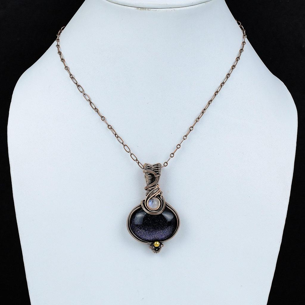 Blue Sunstone Pendant Copper Wire Wrapped Pendant Rainbow Moonstone Jewelry Gemstone Pendant Handmade Copper Wire Wrap Jewelry Wedding Gift