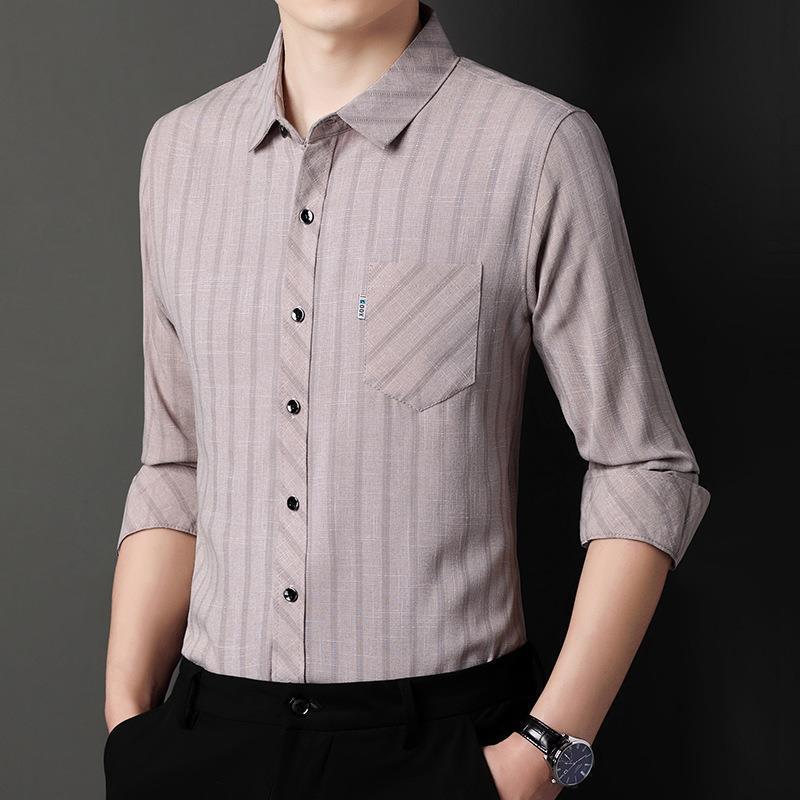 Long-sleeved Striped Spring and Autumn Shirt for Men Middle-aged Business Casual Real Pocket Cotton and Linen Dad Men's Shirt