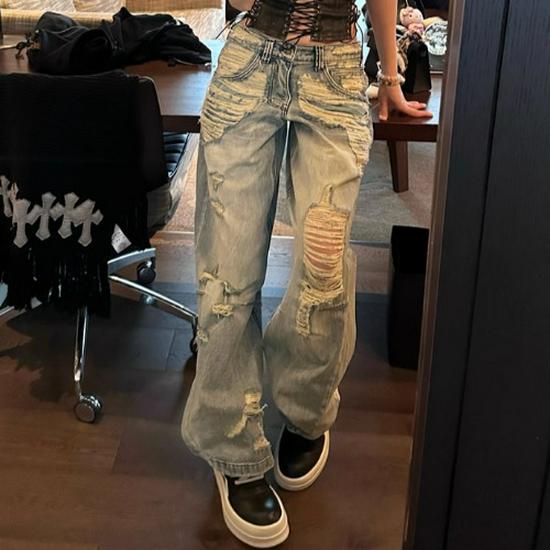 Women s Retro Ripped Wide-Leg Jeans - Slimming, Loose Fit, Summer Style L синий