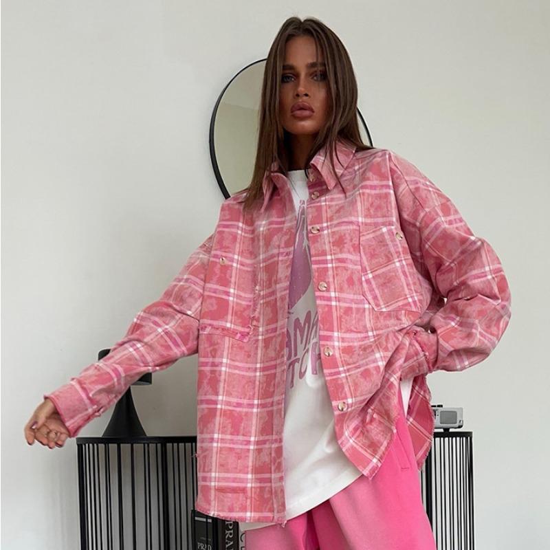 Camicia Casual Rosa a Quadri, Manica Lunga, Vestibilità Larga, Collo a Revers, per Uso Quotidiano