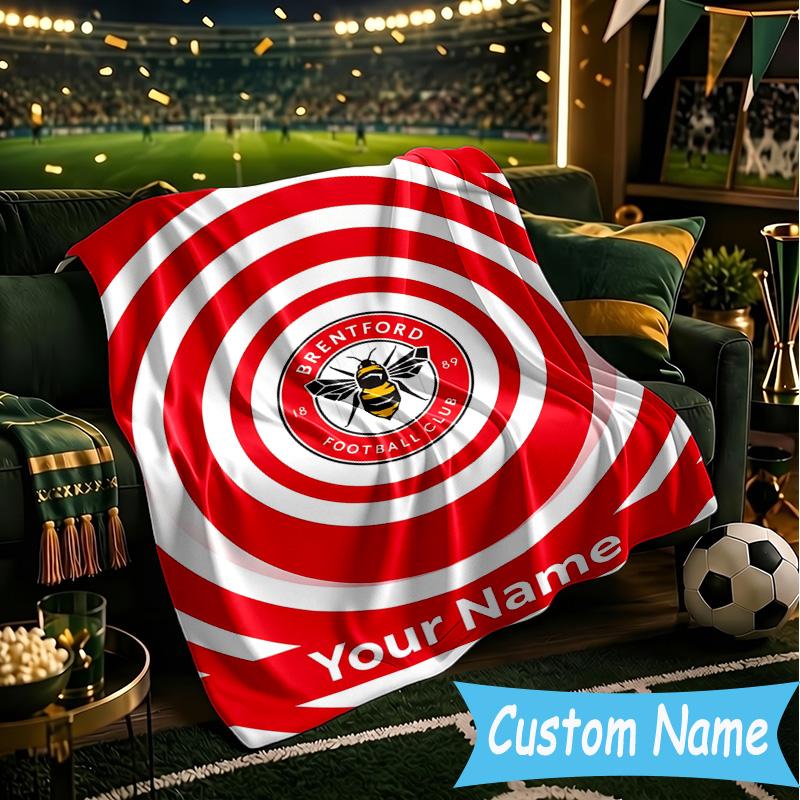 Custom Name Brentford Football Club Crest Flannel Blanket, Use for Birthday/Holiday Gift, Soft Blanket for Sofa/Bed/Camping/Office, Home Decor