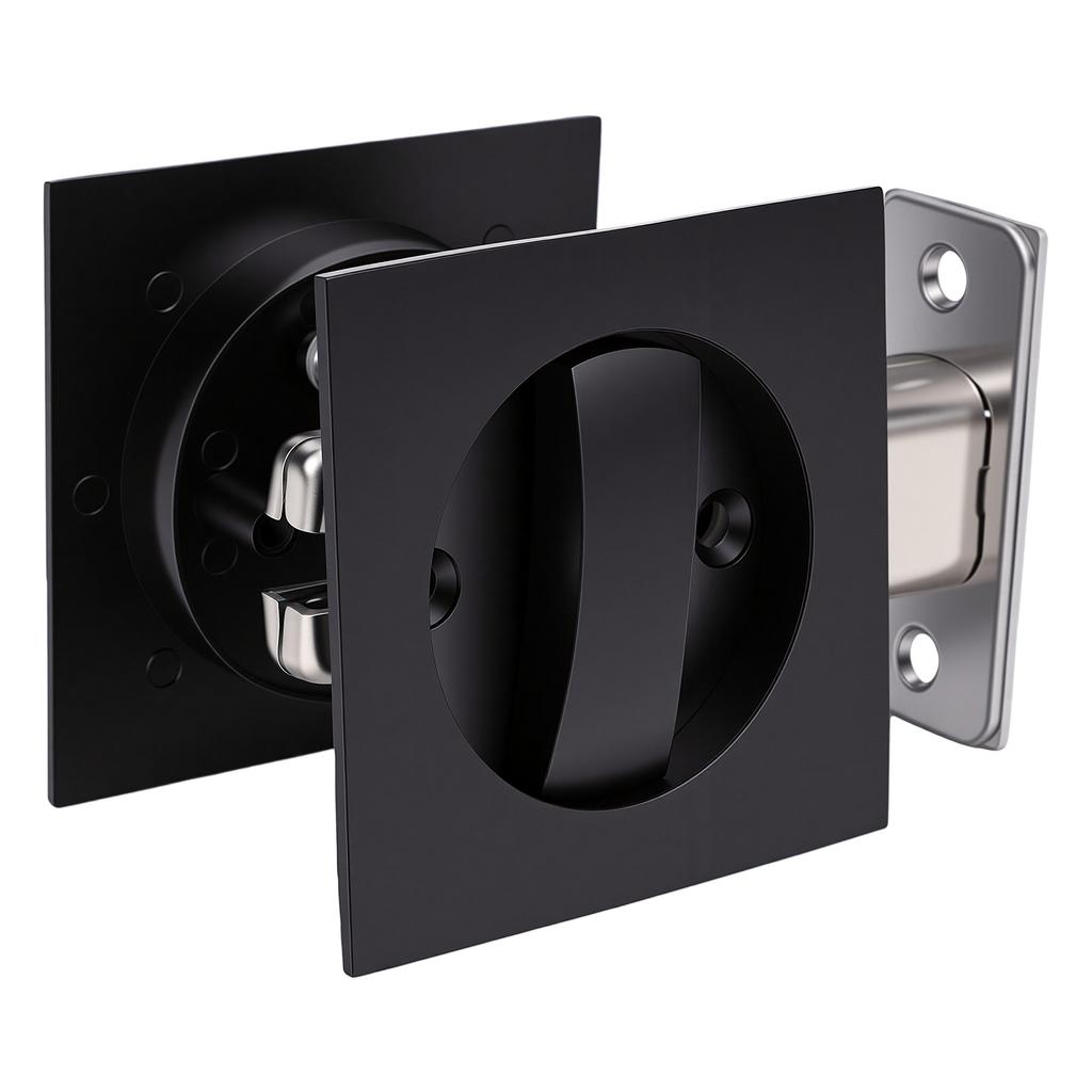 Pocket Door Lock Hardware Set with Indicator Key Privacy Latch for Standard Door 1.37 to 2.3 Inch Thick Matte Black
