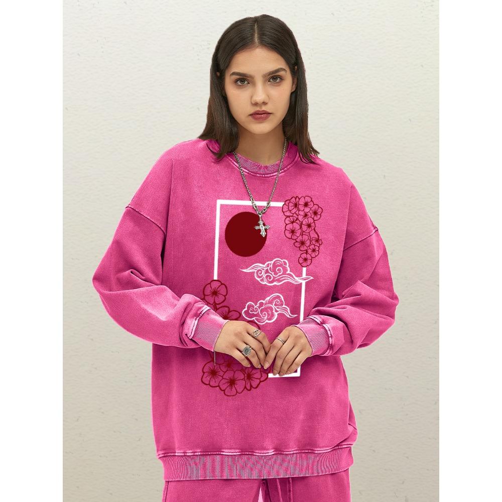 Harajuku Japanese Sunset Cherry Blossoms Print Woman Washed Sweatshirt Cotton Loose Comfortable Clothes Soft Sportswear