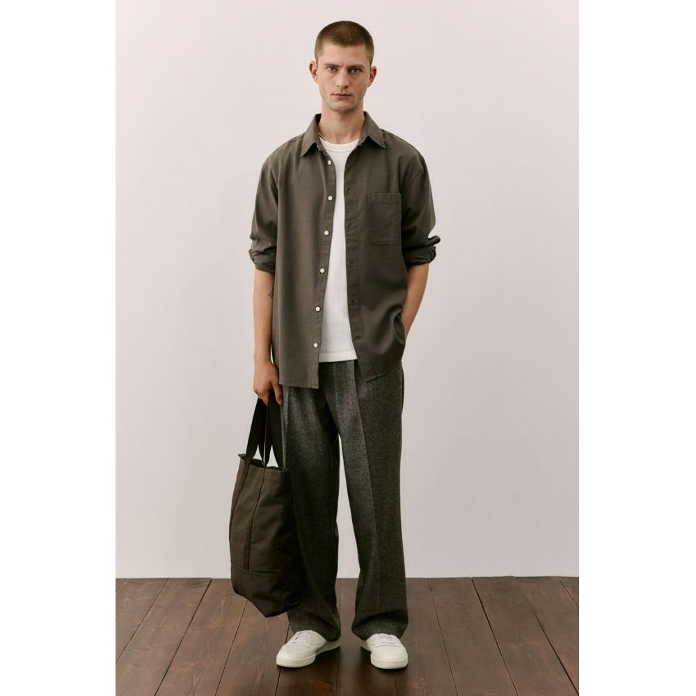 H M Textured sHirt Regular Fit kHaki Green