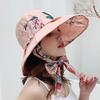Female Summer Sun Hat Wide Brim Printing Bowknot Ribbon Foldable Soft Cap