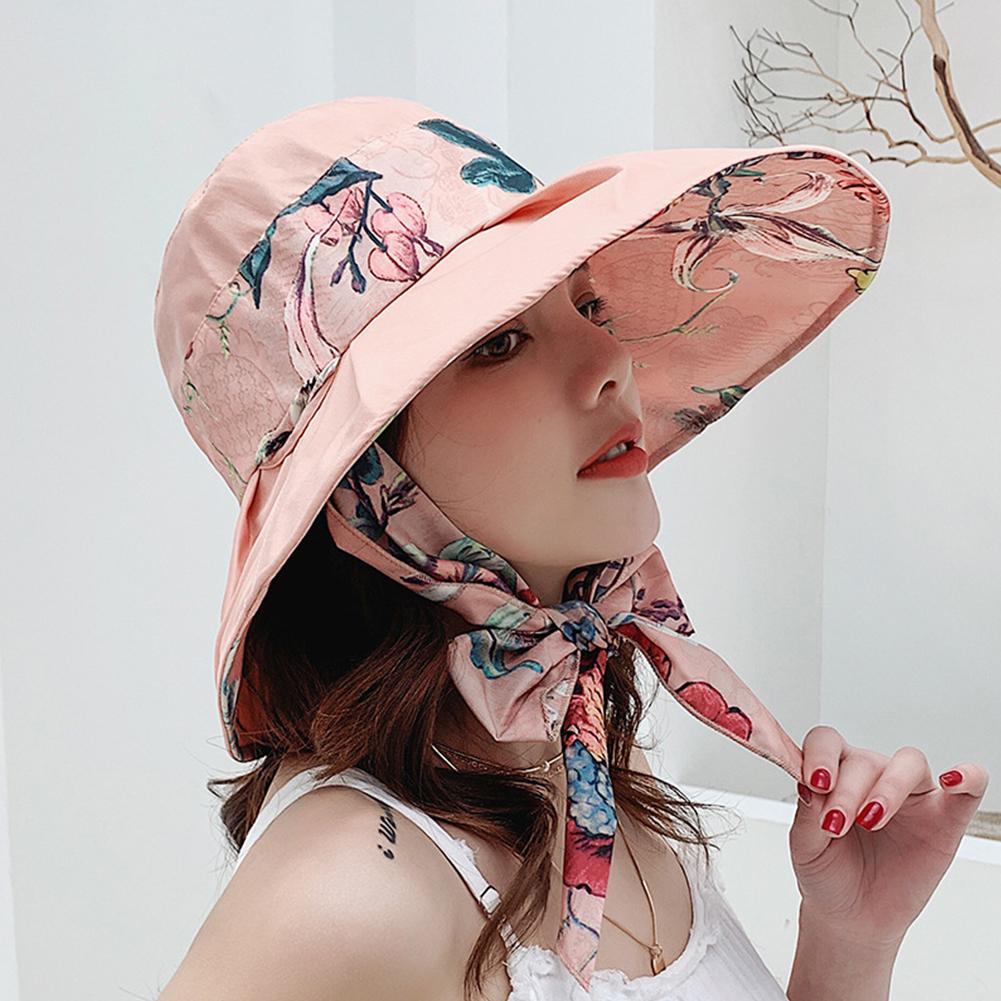 Female Summer Sun Hat Wide Brim Printing Bowknot Ribbon Foldable Soft Cap