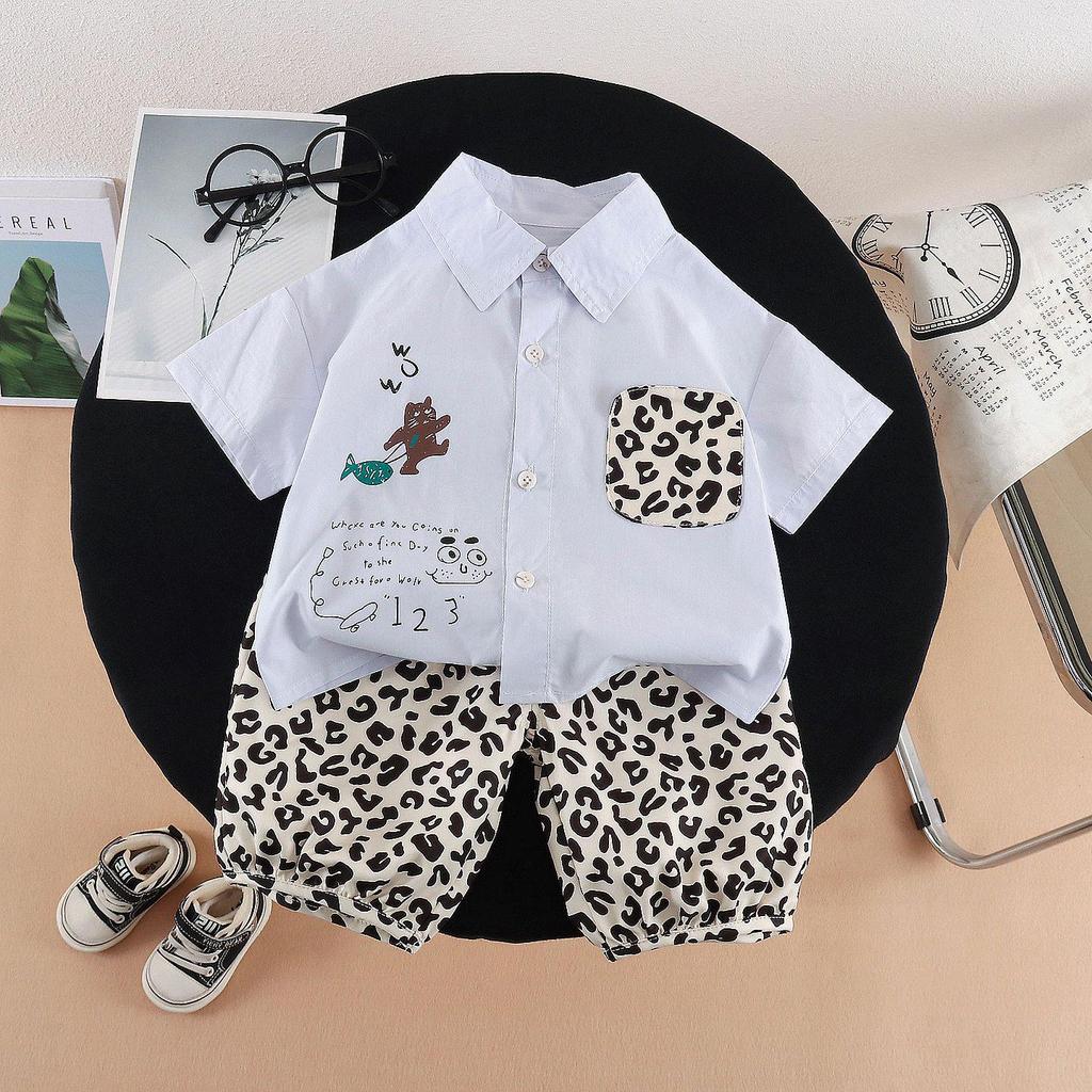 Boys' 2026 Summer Leopard Print Shirt & Pants Set – Stylish Short-Sleeve Two-Piece Outfit