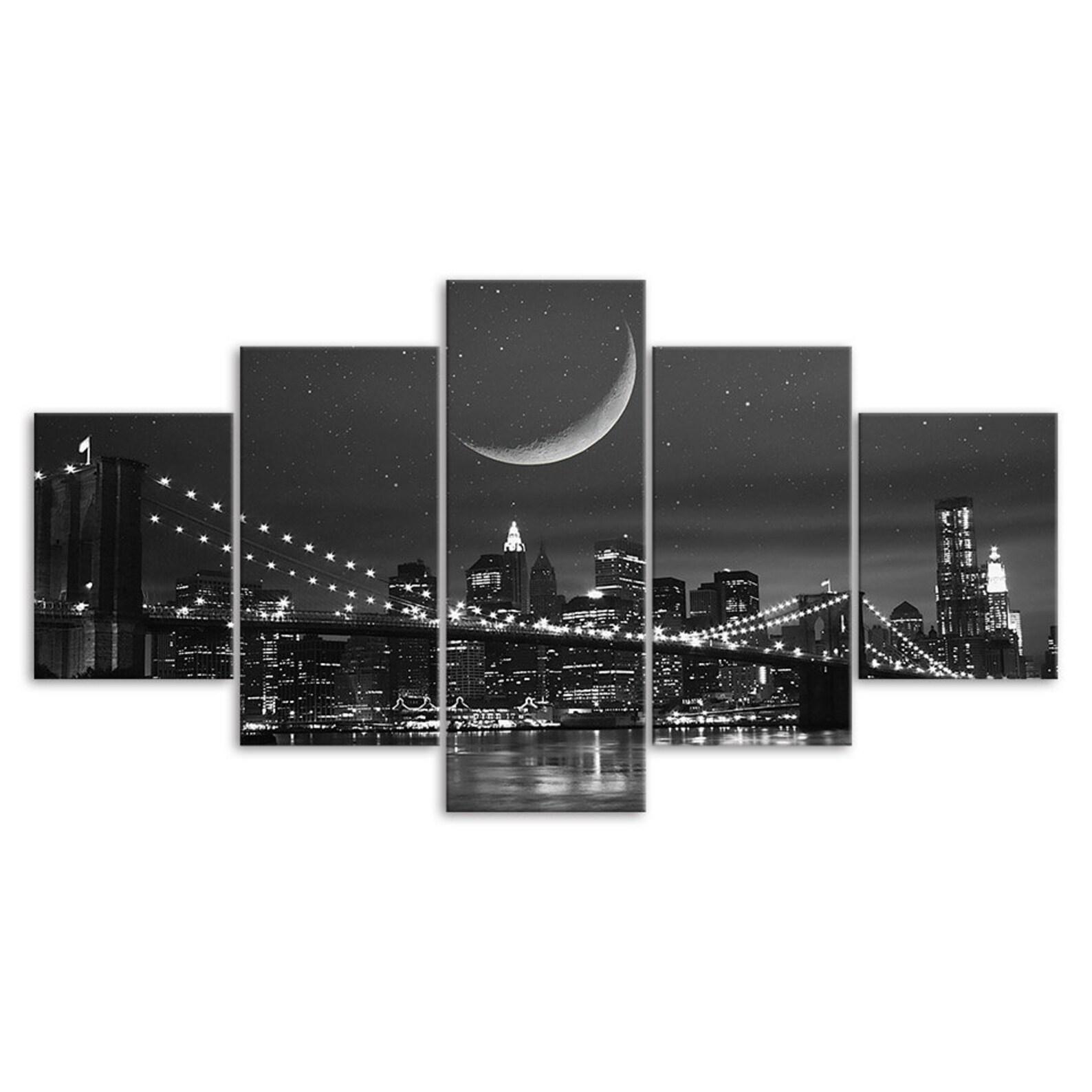 

Brooklyn Bridge Starry Sky Moon Black White Picture 5 Piece Five Panel Wall Canvas Print Modern Art Poster Home Decor Gift For Him For Her 20X35 20X45 20X55CM