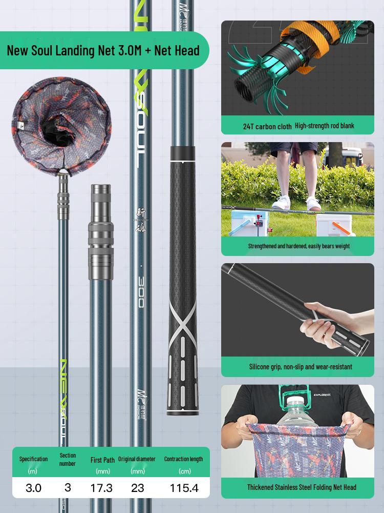 Superharte Carbon-Angelruten-Kombination: Kescher, Rute, Kopf, Fischbehälter, Extraharte integrierte Blankrute