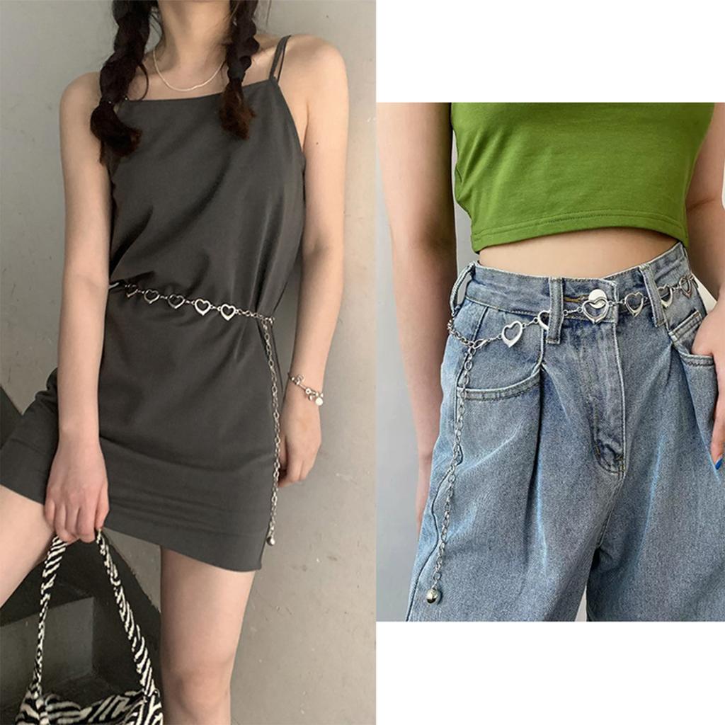 Women Metal Waist Chain, Heart & Flower Hollow Chain Belt, Adjustable Alloy Waistband with Ball Pendant for Dress Jeans