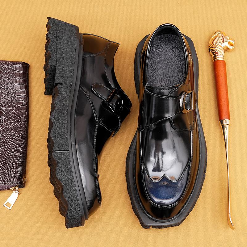 Casual Leather Shoes Men'S Genuine Leather British Business Dress Buckle Monk Shoes Platform Heightening Shoes