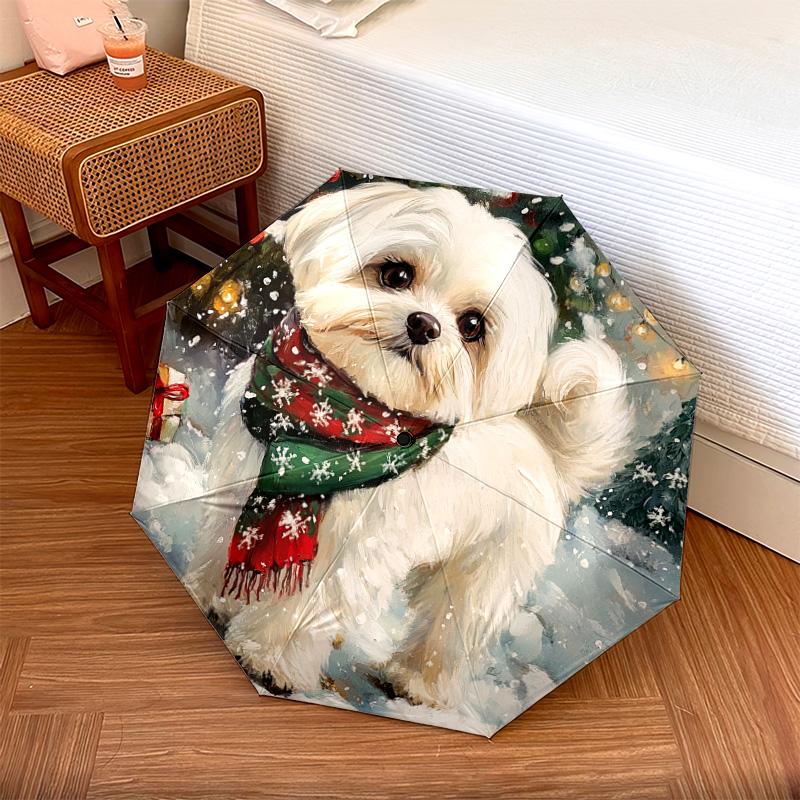 1 Stück Automatischer Faltregenschirm - Winter-Hundemuster, Tragbares & Faltbares Design mit 8 Speichen, Weihnachts-Geburtstagsgeschenke