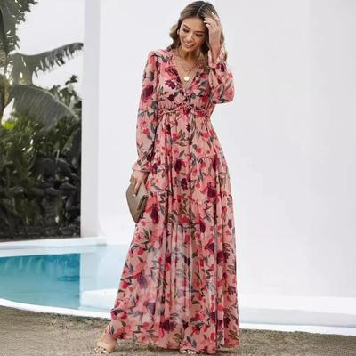 Uzun Kollu Kadın Moda Baskılı Xianqi Uzun Stil Abiye Elbise