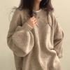 Graue Vintage Damenpullover Schwarze Laternenärmel Koreanische Mode Übergroße Strickpullover Einfarbig Basic Old Money Winter