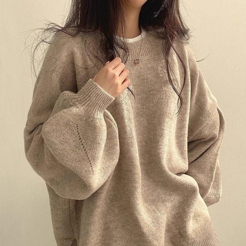 Graue Vintage Damenpullover Schwarze Laternenärmel Koreanische Mode Übergroße Strickpullover Einfarbig Basic Old Money Winter