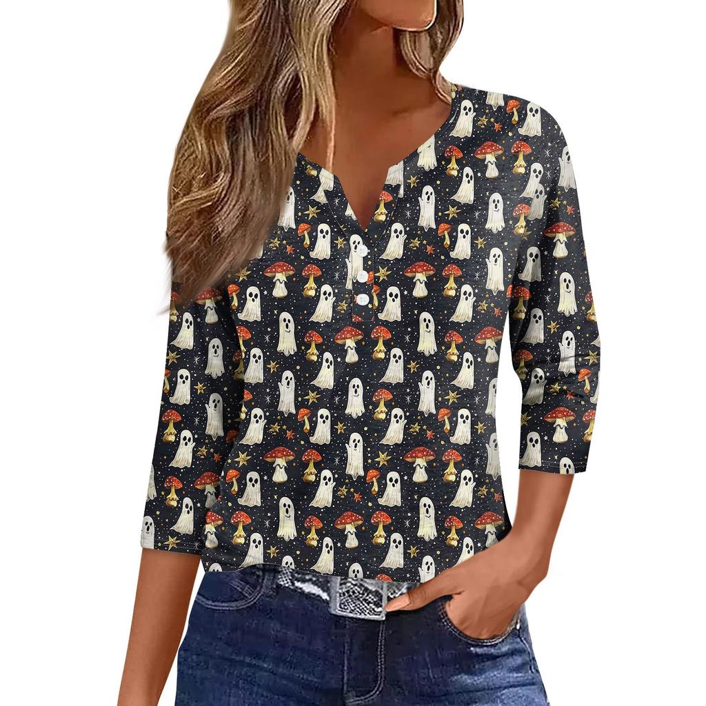 Women's Fashion Casual Halloween Printed V.Neck Short Sleeve Decorative Button Three.quarter Sleeve T-shirt Tor