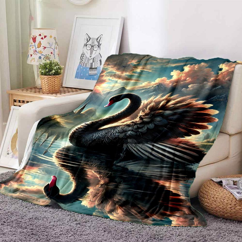 1pc Black Swan Art Print Blanket Lightweight Flannel Blanket Throw Blanket For Sofa, Bed, Travel, Camping, Livingroom, Office, Couch, Chair, And Bed y