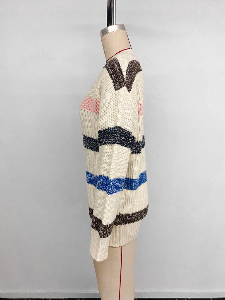 2025 Autumn/Winter Women's Loose Striped V-Neck Knit Sweater