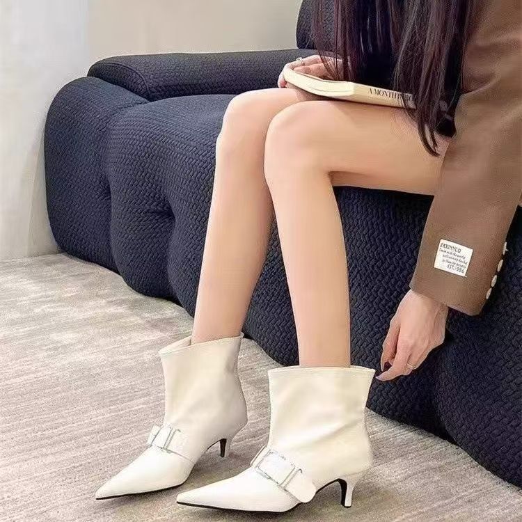 Fashion Pointed Toe Metal Buckle Strap Short Boots For Female Women Thin High Heel 2024 New Leather Fabric Elegant Sexy Winter Shoes