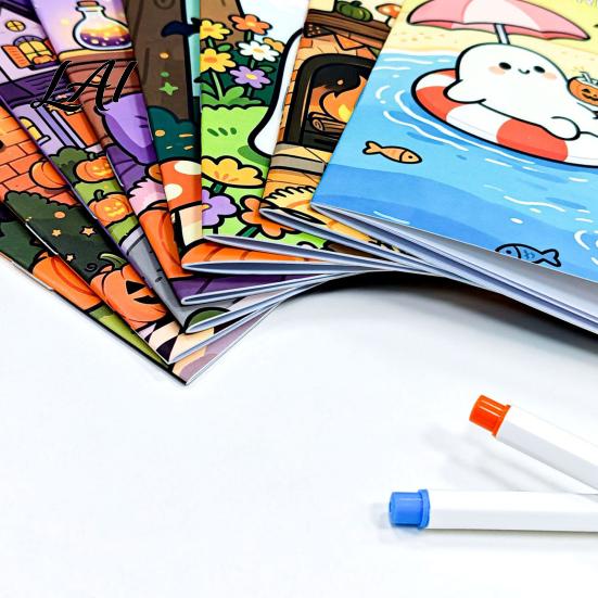 Children Festival Drawing Exercises 8PCS Halloween Cartoon Coloring Book Cute Ghost And Pumpkin Illustrations Thick Art Supplies for Party