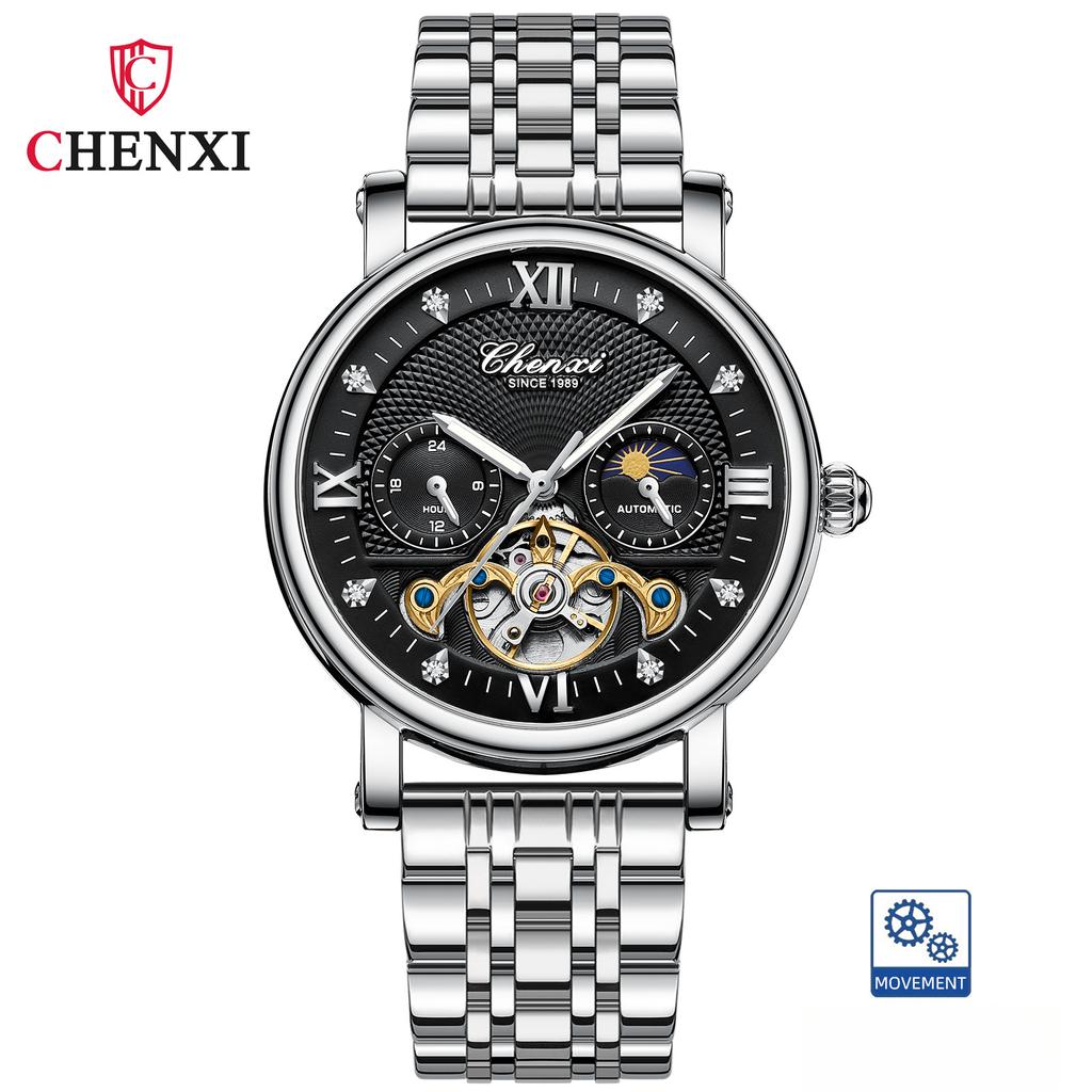 CHENXI Fashion Automatic Mechanical Watch Sun Moon Phase Tourbillon Waterproof Leather Strap Alloy Case Men's Watch