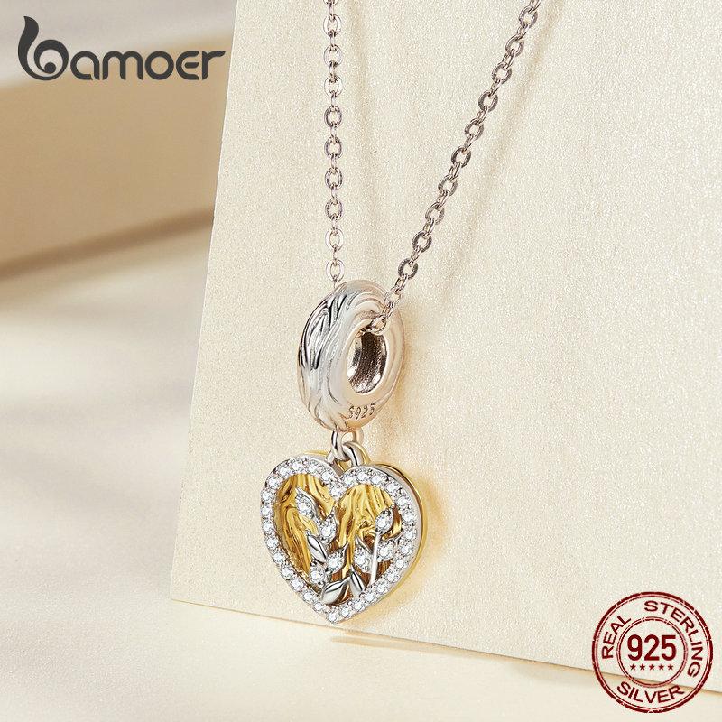Bamoer 925 Sterling Silver Heart-shaped Leaf Pendant Fit for Women DIY Bracelet & Bangle Plated Gold Heart Charms Fine Jewelry