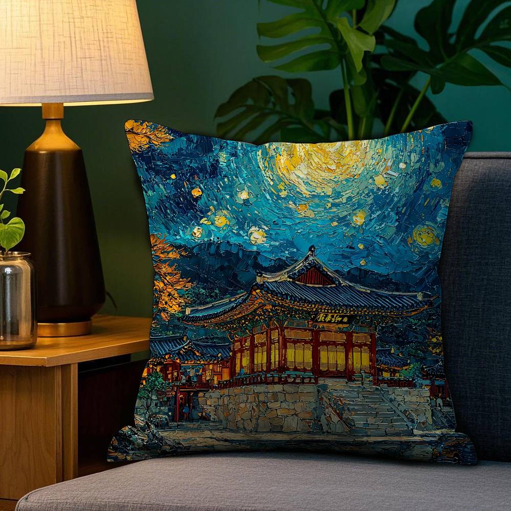 Korea Foguo Temple Pillow Case Plush Fabric Soft Double Sided Print Home Sofa High Quality Cushion Cover Throw