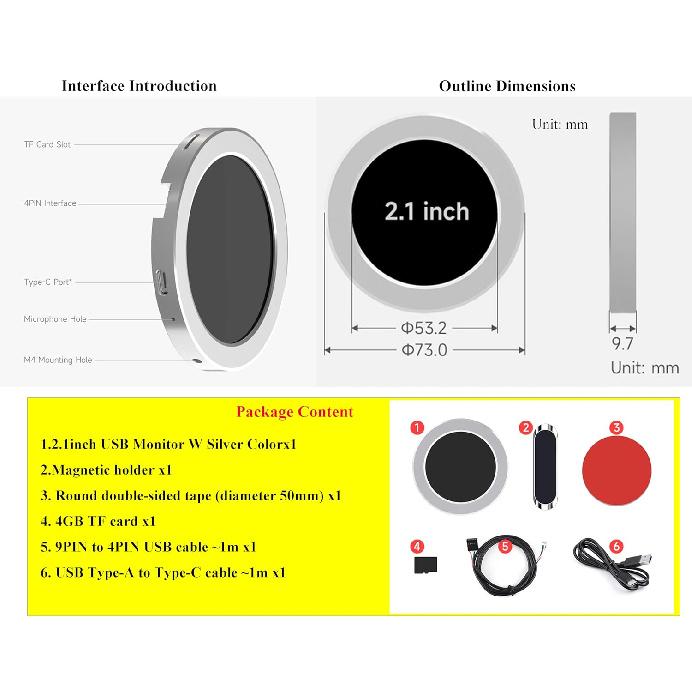 2.1inch USB Monitor 480×480 Pixel-Water Cooler Screen/PC Case Secondary Screen/Desktop RGB Ambient Screen, with Music Spectrum Analysis Function,